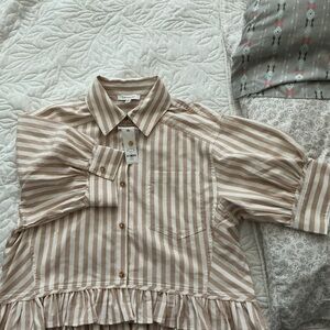 Francesca's Collections Beige Striped Button Down Shirt